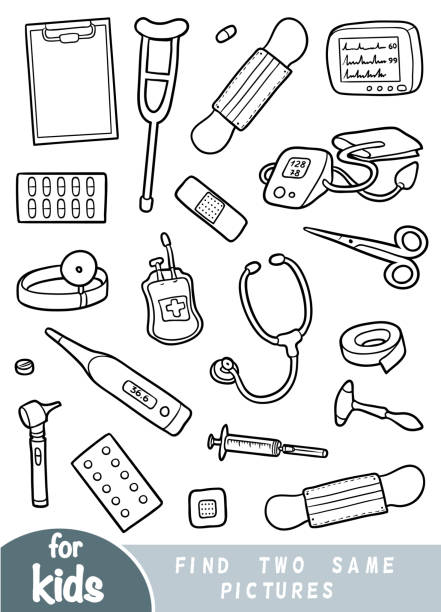 ilustrações de stock, clip art, desenhos animados e ícones de find two the same pictures, game for children. black and white set of medicine items - 7963