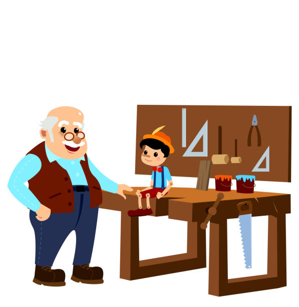 pinocchio und meister gepetto im atelier zimmermann. - pinocchio stock-grafiken, -clipart, -cartoons und -symbole