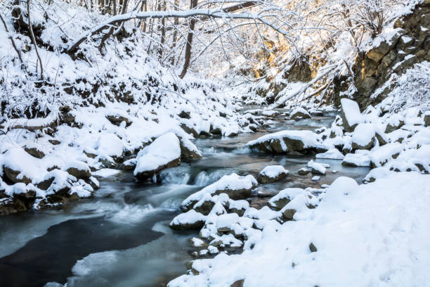 istock scenic blue color smooth frozen mountain creek 1095866784