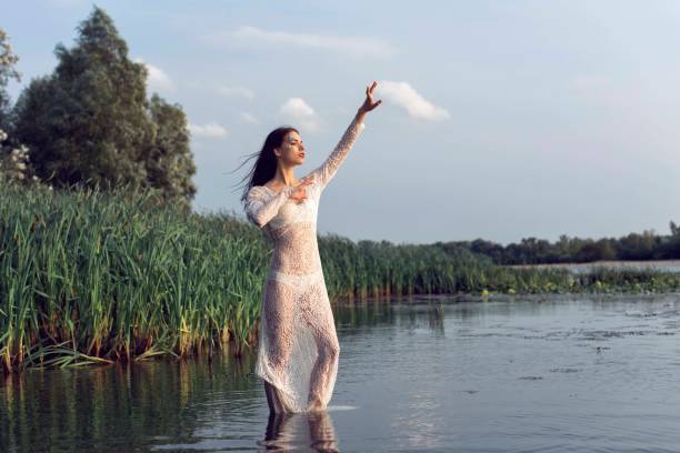 the girl in the forest near the river - panties underwear transparent women imagens e fotografias de stock