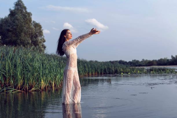 the girl in the forest near the river - panties underwear transparent women imagens e fotografias de stock