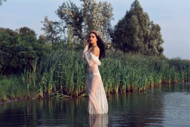 the girl in the forest near the river - panties underwear transparent women imagens e fotografias de stock