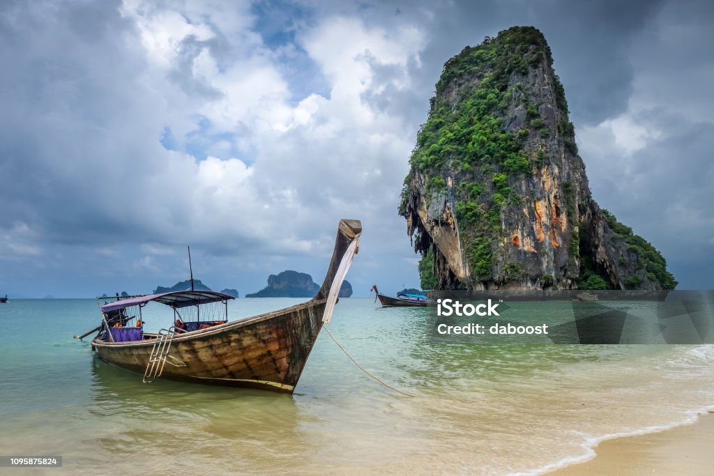 Long tail boat on Phra Nang Beach, Krabi, Thailand Long tail boat on Phra Nang Beach in Krabi, Thailand Ao Nang Stock Photo