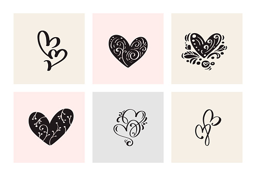 Set of six vintage Vector Valentines Day Hand Drawn Calligraphic Hearts. Calligraphy lettering illustration. Holiday Design valentine. Icon love decor for web, wedding and print. Isolated.