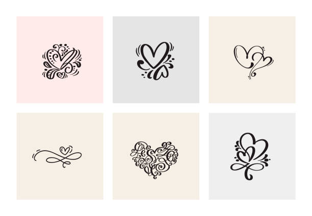 zestaw sześciu vintage vector walentynki ręcznie rysowane calligraphic heart. ilustracja z napisem kaligrafii. holiday design valentine. ikona miłość wystrój dla internetu, ślubu i druku. odizolowany - 2840 stock illustrations