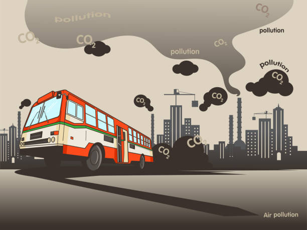 thai transport umweltverschmutzung, stadt haben luft verschmutzung, bus-vektor - factory pollution smoke cartoon stock-grafiken, -clipart, -cartoons und -symbole