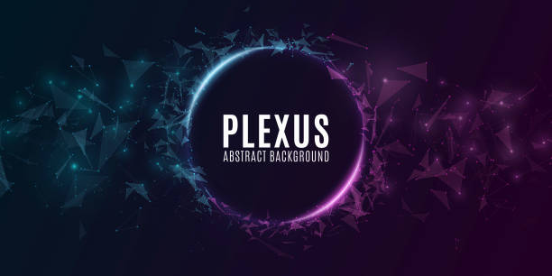 Geometric plexus banner of flying triangles and dots on a dark background. Purple and blue glowing connected triangular elements. Scientific background for your design. Vector illustration. EPS 10 Geometric plexus banner of flying triangles and dots on a dark background. Purple and blue glowing connected triangular elements. Scientific background for your design. Vector illustration plexus stock illustrations