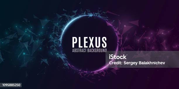 Geometric Plexus Banner Of Flying Triangles And Dots On A Dark Background Purple And Blue Glowing Connected Triangular Elements Scientific Background For Your Design Vector Illustration Eps 10 Stock Illustration - Download Image Now