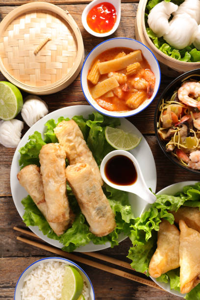 istock spring roll, noodle soup and shrimp salad 1095887908