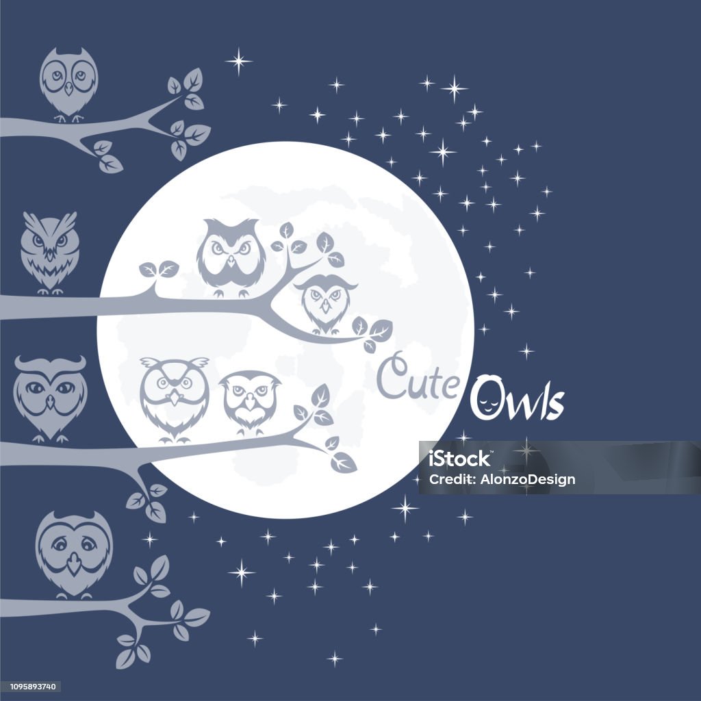 Moon with Owls Night with Owls on branches Computer Graphic stock vector