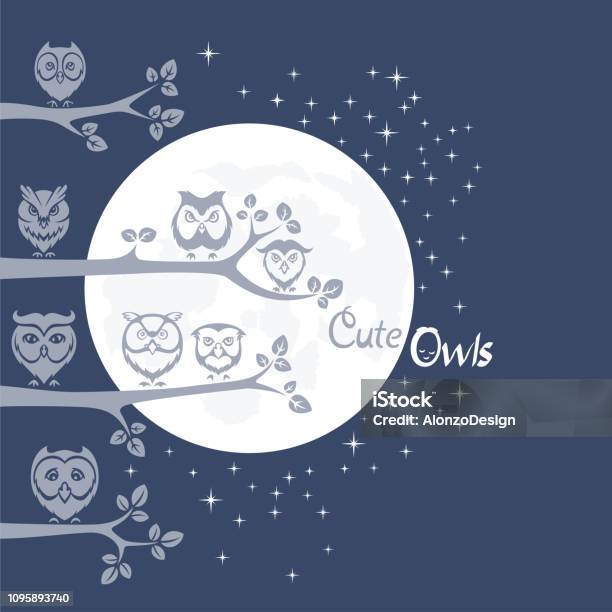 Moon With Owls Stock Illustration - Download Image Now - Computer Graphic, Full Moon, Logo