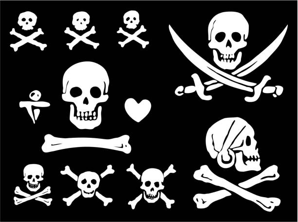 Pirate flags, skulls and bones A set of pirate flags, skulls and bones pirate criminal illustrations stock illustrations