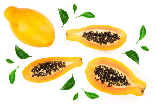 istock ripe papaya and half isolated on a white background. Top view. Flat lay 1095903678