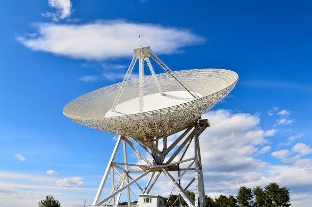 istock Array of satellite dishes or radio antennas against sky. Space o 1095906982