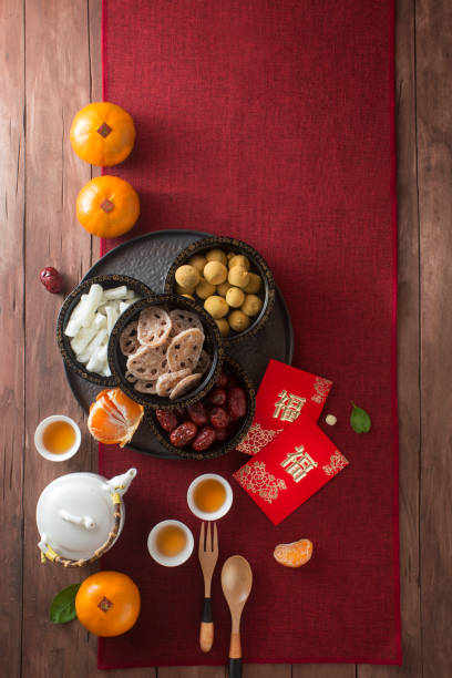 istock Flat lay Chinese New Year snack and drink group of objects still life. 1095908166