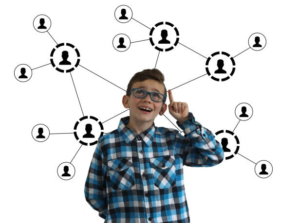Young boy child think idea social media people network communication connection