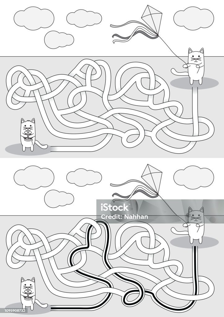 Little cat maze Little cat flying a kite maze for kids with a solution in black and white Black Color stock vector