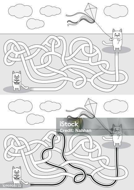 Little Cat Maze Stock Illustration - Download Image Now - Black Color, Cartoon, Composition