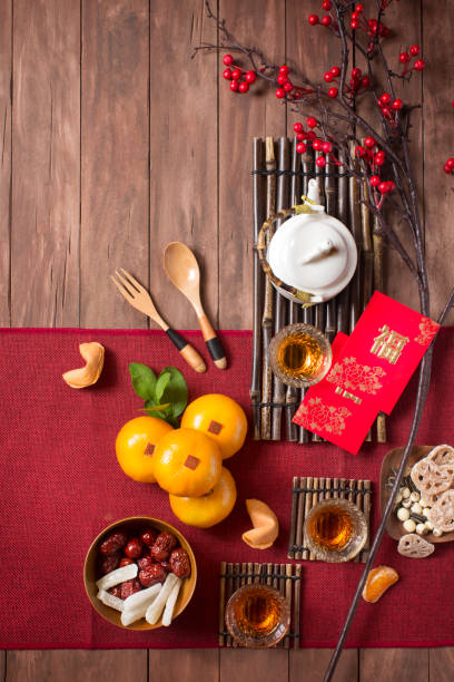 istock Flat lay Chinese New Year snack and drink group of objects still life. 1095912056