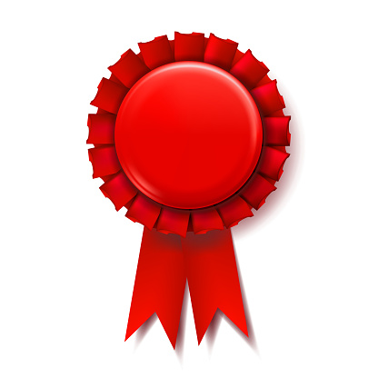 Red Award Ribbon Vector. Winner Badge. Ceremony Design. Poster, Card, Flyer 3D Realistic Illustration