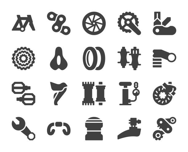 ilustrações, clipart, desenhos animados e ícones de peças de bicicletas - ícones - bicycle chain bicycle gear chain gear