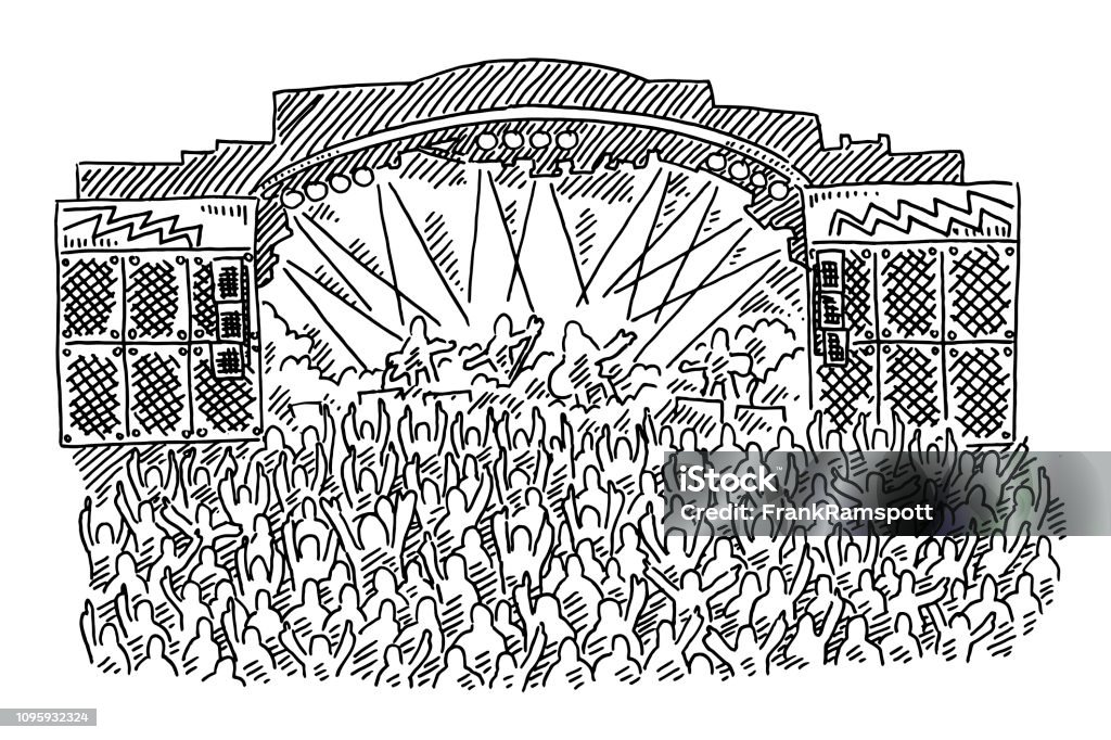 Rock Concert Stage Crowd Drawing Hand-drawn vector drawing of a Rock Concert Stage and a big Crowd. Black-and-White sketch on a transparent background (.eps-file). Included files are EPS (v10) and Hi-Res JPG. Doodle stock vector