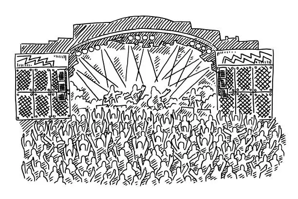 Vector illustration of Rock Concert Stage Crowd Drawing