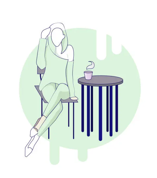 Vector illustration of The girl sits at the table and drinks coffee.