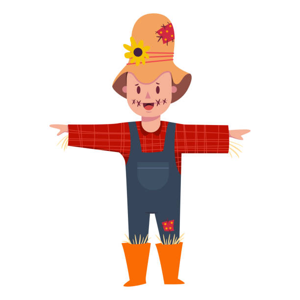 istock Cute boy in scarecrow costume. Vector cartoon flat character a child in masquerade clothing isolated on background. 1095953754