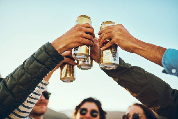 Cheers! Low angle shot of a group of young friends cheersing with beers while enjoying their day out on the beach cheers stock pictures, royalty-free photos & images