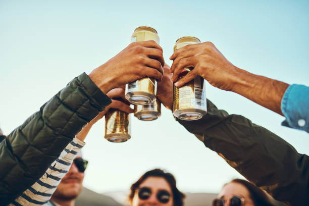 Cheers! Low angle shot of a group of young friends cheersing with beers while enjoying their day out on the beach cans stock pictures, royalty-free photos & images