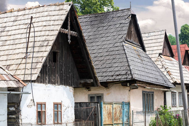 Rural scene of old houses in village. stock photo