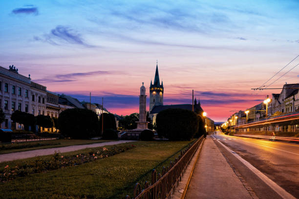 Night view of the central square in Presov. Slovakia, Europe. stock photo