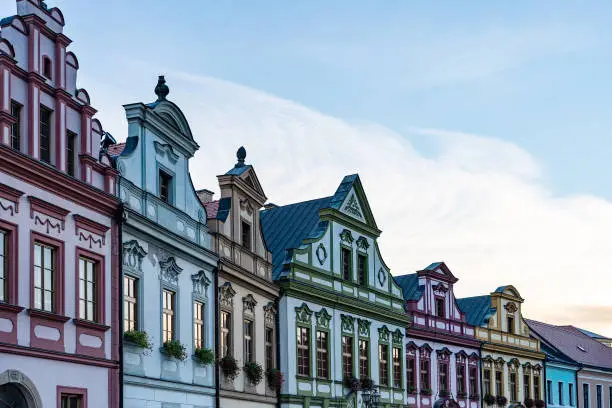 Traditional guild houses in Europe. Facade of historical houses in Hradec Kralove, Czech Republic.