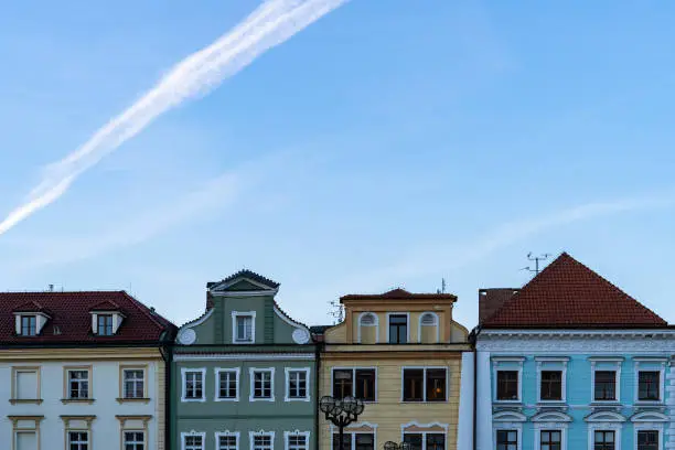 Traditional guild houses in Europe. Facade of historical houses in Hradec Kralove, Czech Republic.