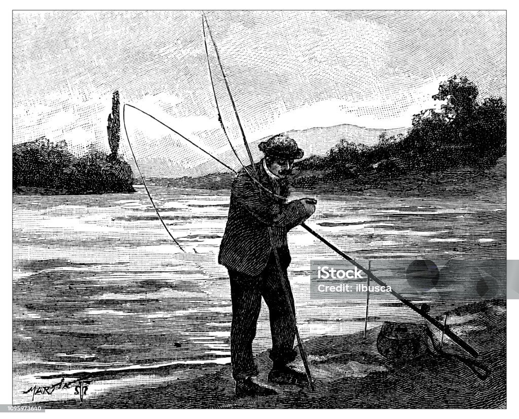 Antique old French engraving illustration: Fisherman 19th Century stock illustration