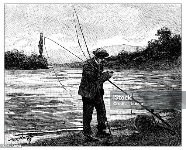 Antique Old French Engraving Illustration Fisherman Stock Illustration - Download Image Now