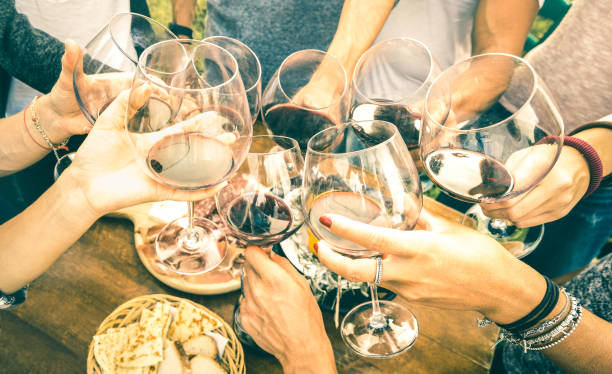 Friend hands toasting red wine while having fun outside cheering with winetasting - Young people enjoying  drinks on harvest time together at farmhouse vineyard countryside - Youth friendship concept