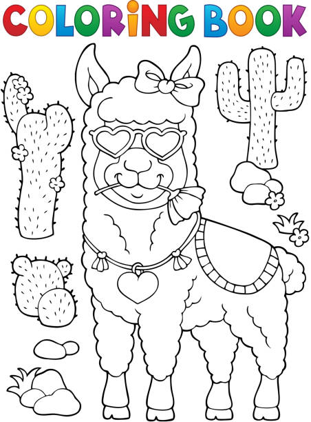 Coloring book llama with love glasses 1 vector art illustration