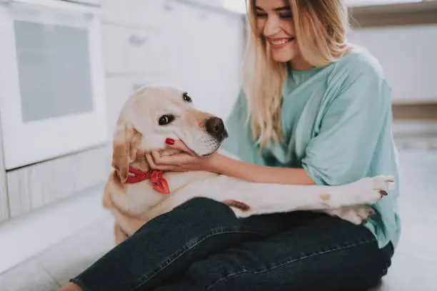 Happy young woman holding her dog by hands and stroking him
