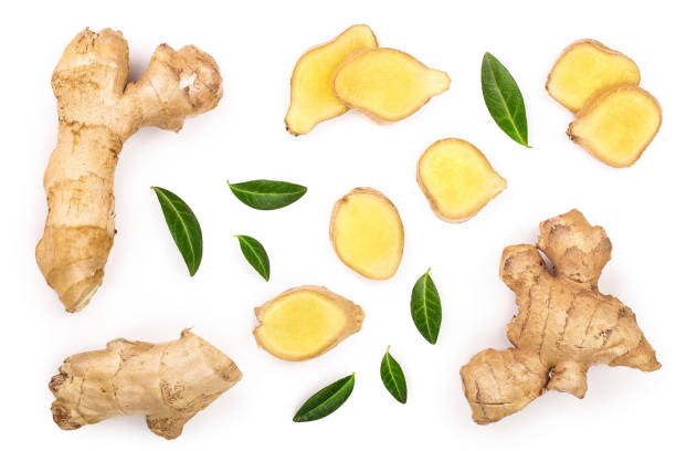 istock fresh Ginger root and slice isolated on white background. Top view. Flat lay 1095990060