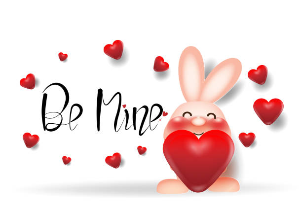 симпатичный маленький кролик и красное сердце творческие нарисованные руки сделали текстовые сообщения, счастливый день валентина прекра - cherry valentine stock illustrations