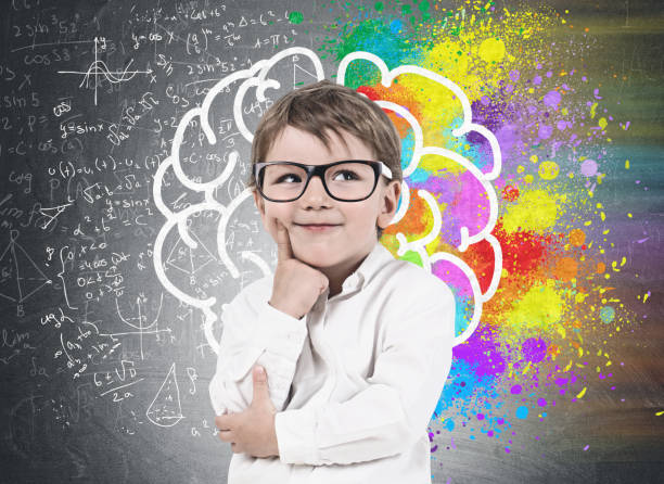 Little boy in glasses, brain sketch Smiling thinking little boy wearing white shirt and glasses standing near blackboard with colorful brain sketch drawn on it. Concept of creative thinking genius stock pictures, royalty-free photos & images