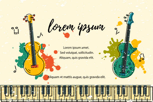 Vector illustration with bass guitar and acoustic guitar Vector illustration with bass guitar and acoustic guitar, paint splashes. Template for invitation, guitar lessons, shop, web, poster, banner. music class stock illustrations