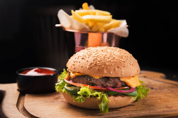 istock classic burger on a wooden board 1095995366