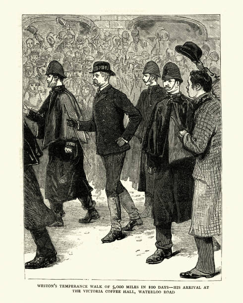 illustrazioni stock, clip art, cartoni animati e icone di tendenza di passeggiata di temperanza di edward payson weston di 5000 miglia, 1884 - temperance