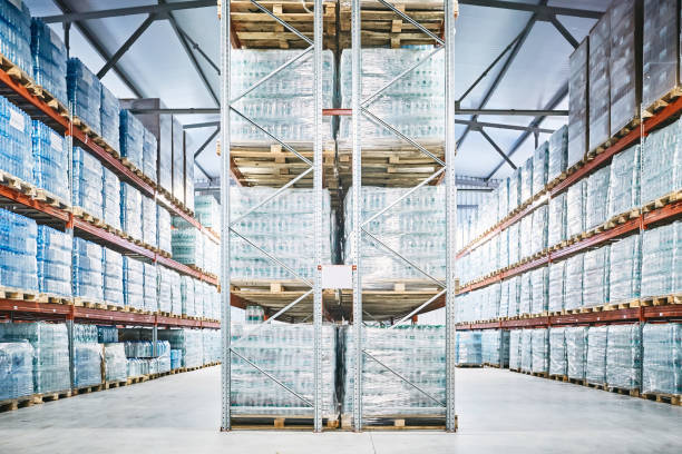 Hangar warehouse with rows of shelves with transparent plastic bags stock photo