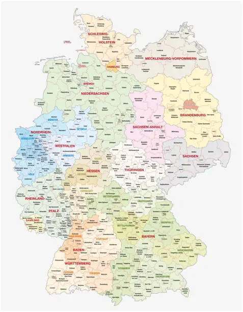 Vector illustration of administrative and political vector  map of Germany, newly revised 2019