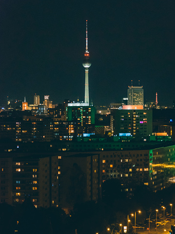 Night time view of Berlin skyline with a focus on the Fernsehturm