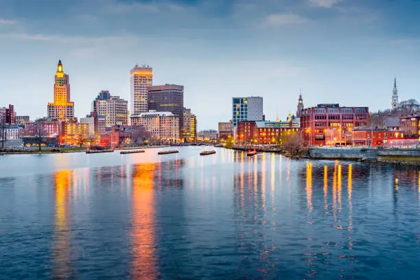 Photo of Providence, Rhode Island downtown cityscape viewed from above the Providence River.